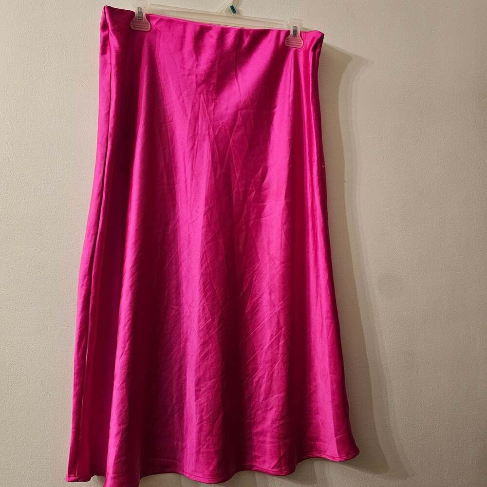 Renee C Pink Satin Midi Skirt 3XL Made in USA Side Slit Plus Size Fuchsia - Picture 4 of 7